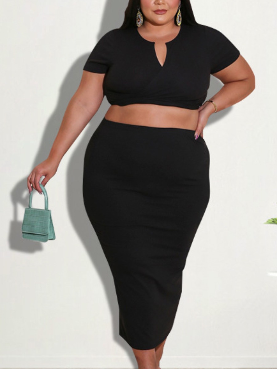 

LW BASICS Plus Size Notch Neck Crop Top Two-piece Skirt Set, Black