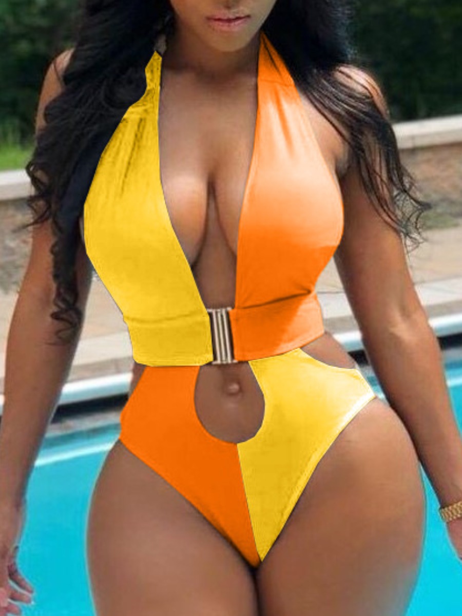 

Lovely Buckle Design Hollow-out One-piece Swimsuit, Yellow