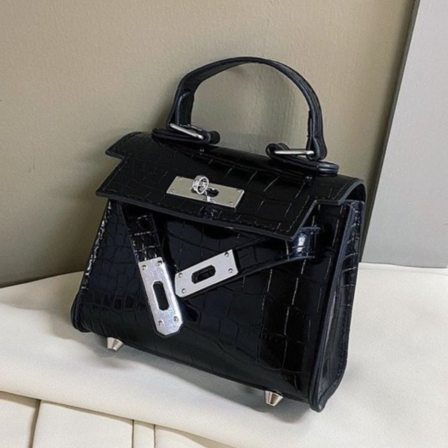 

Lovely Crocodile Pattern Lock Crossbody Bag, Black