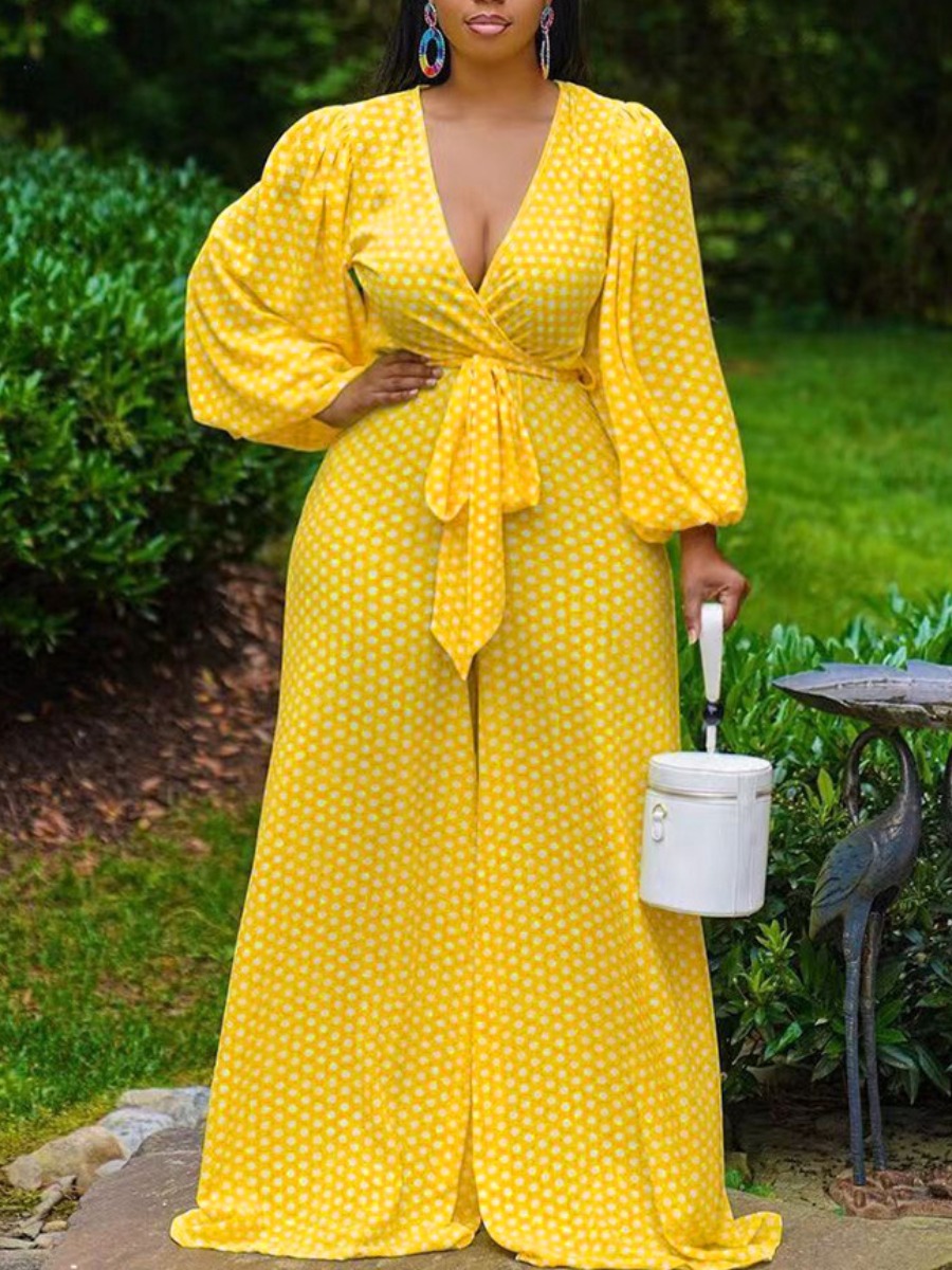 

LW Plus Size Polka Dot Bandage Wide Leg One-piece Jumpsuit, Yellow