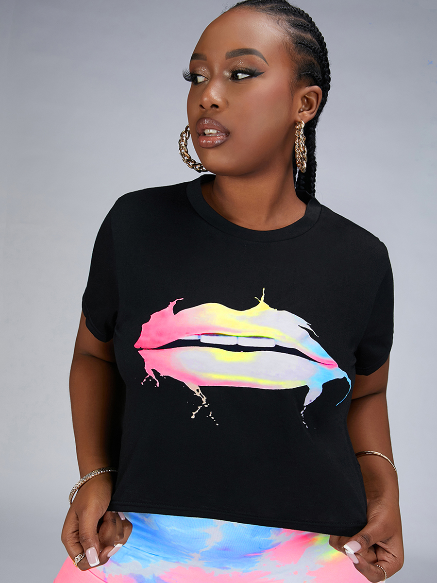 

Lovely Plus Size Round Neck Lip Print T-shirt, Black