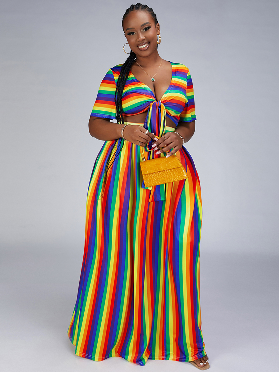 

Lovely Plus Size Rainbow Striped Bandage Two-piece Skirt Set, Multi