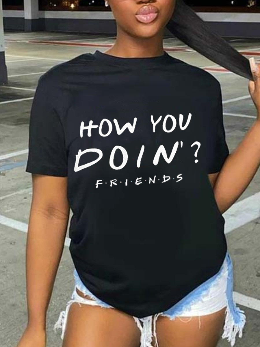 

Lovely Casual Round Neck Letter Print Black T-shirt
