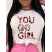 LW Casual O Neck Letter Print Pink T-shirt