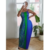 LW Casual Print Patchwork Deep Blue Floor Length D