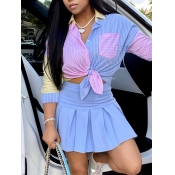 LW Sweet Striped Pleated Patchwork Baby Blue Two P