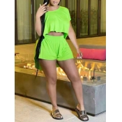 LW Casual Round Neck Asymmetrical Green Two Piece 