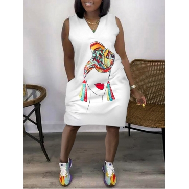 

LW Casual V Neck Portrait Print White Knee Length Dress