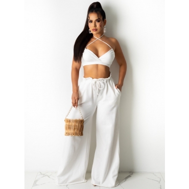 

Lovely Sexy Backless Drawstring White Two Piece Pants Set