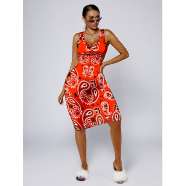 

LW Casual V Neck Cashew Print Red Knee Length Dress