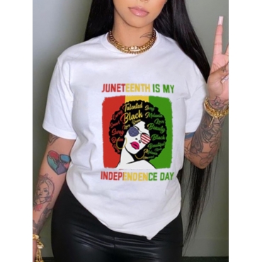 

Lovely Casual Round Neck Portrait Print White T-shirt