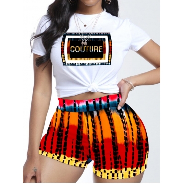 

LW BASICS Casual Tie-dye Letter Print White Two Piece Shorts Set