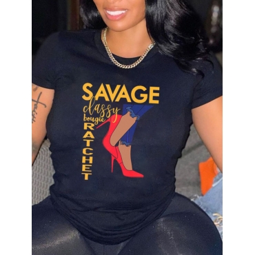 

Lovely Street Shoe Letter Print Black T-shirt