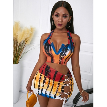 

Lovely Casual Tie-dye Bandage Hollow-out Design Multicolor Two Piece Skirt Set, Multi