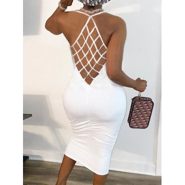 

Lovely Plus Size Casual Backless Mesh Patchwork White Mid Calf Dress