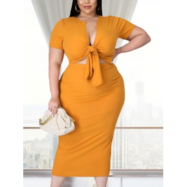 

Lovely Plus Size Casual V Neck Bandage Design Orange Mid Calf Dress
