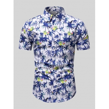 

Lovely Men Boho Turndown Collar Plant Print White Shirt