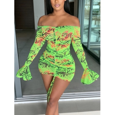 

LW Sweet Letter Print Flared Drawstring Green Mini Dress