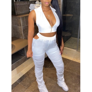 

LW Street Turndown Collar Fold Design White Two Piece Pants Set