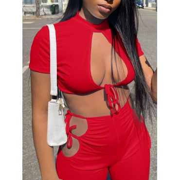 

Lovely Sexy Bandage Hollow-out Design Red Two Piece Shorts Set