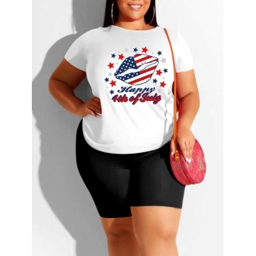 

LW Plus Size Casual Lip Letter Print White Two Piece Shorts Set