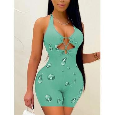 

Lovely Sexy Waterdrop Print Hollow-out Green One-piece Romper