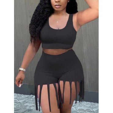 

Lovely Plus Size Street U Neck Tassel Design Black Two Piece Shorts Set