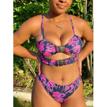 

Lovely Boho Print Hollow-out Buckle Design Black Two-piece Swimsuit