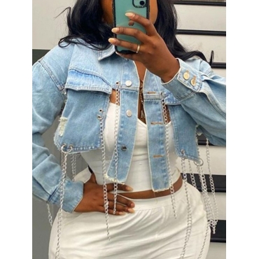 

LW Plus Size Split Chain Decoration Baby Blue Denim Coat (No Stretch)