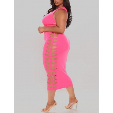 

Lovely Plus Size Sexy Round Neck Hollow-out Rose Red Mid Calf Dress