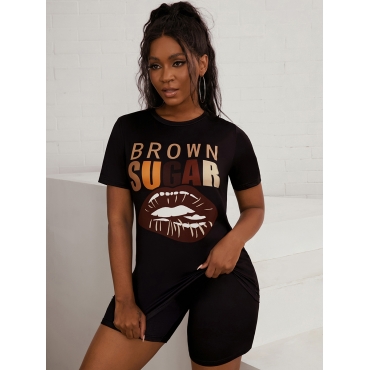 

LW Casual Lip Letter Print Black Two Piece Shorts Set