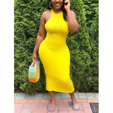 

Lovely Casual Round Neck Slit Yellow Mid Calf Dress