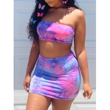 

LW SXY Sweet Off The Shoulder Tie-dye Multicolor Two Piece Skirt Set, Multi