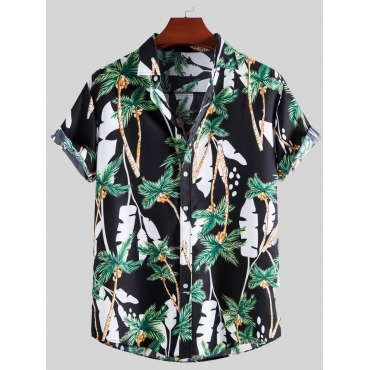 

Lovely Men Boho Turndown Collar Floral Print Black Shirt