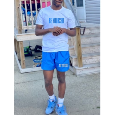 

LW Men Casual Letter Print Drawstring Blue Two Piece Shorts Set
