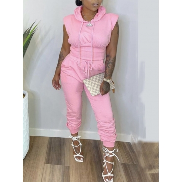 

LW Casual Hooded Collar Drawstring Pink Two Piece Pants Set
