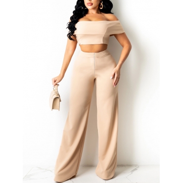

LW Elegant Fold-over Wide Leg Khaki Two Piece Pants Set