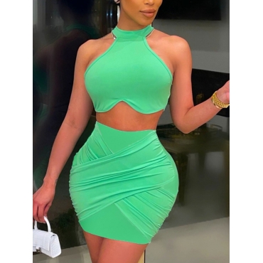 

Lovely Sexy Round Neck Cross-over Design Green Two Piece Skirt Set