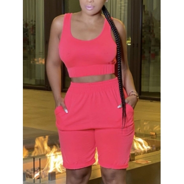 

Lovely Casual U Neck Pocket Design Rose Red Two Piece Shorts Set