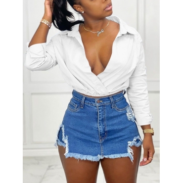 

LW BASICS Street Turndown Collar Drawstring White Blouse