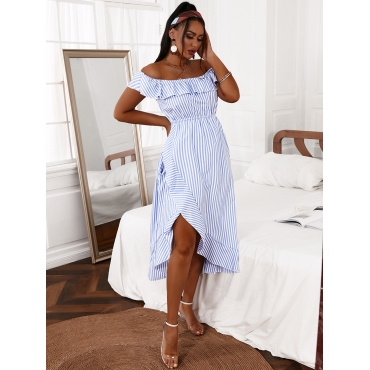 

Lovely Boho Off The Shoulder Slit Striped Ankle Length Dress, Stripe