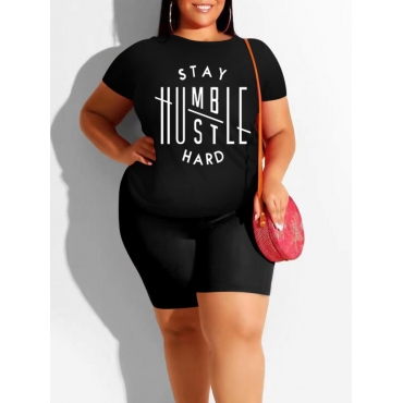 

LW Plus Size Sporty Round Neck Letter Print Black Two-piece Shorts Set