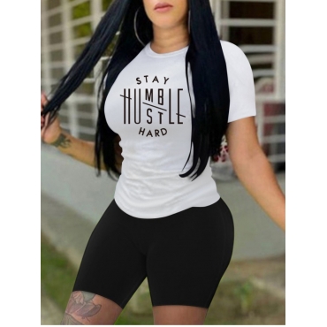 

LW Plus Size Sporty Round Neck Letter Print White Two-piece Shorts Set