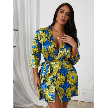 

Lovely Casual Print Patchwork Blue Knee Length Dress