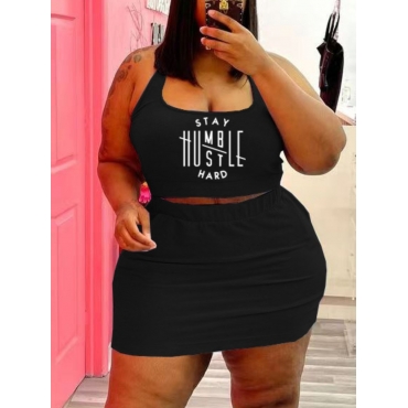 

LW BASICS Plus Size Casual U Neck Letter Print Black Two-piece Shorts Set