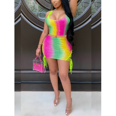 

Lovely Sexy Gradient Drawstring Design Green Two Piece Skirts Set