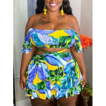 

LW Plus Size Boho Floral Print Flounce Design Yellow Two-piece Skirt Set
