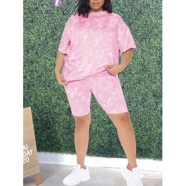 

Lovely Plus Size Casual Dropped Shoulder Tie-dye Pink Two-piece Shorts Set