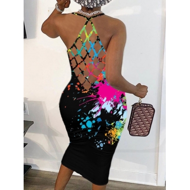 

Lovely Plus Size Casual Hollow-out Splash-ink Design Black Mid Calf Dress