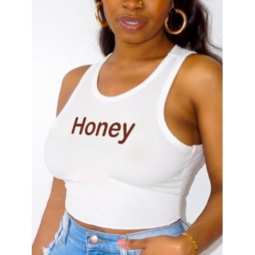 

Lovely Casual Round Neck Letter Print White Camisole